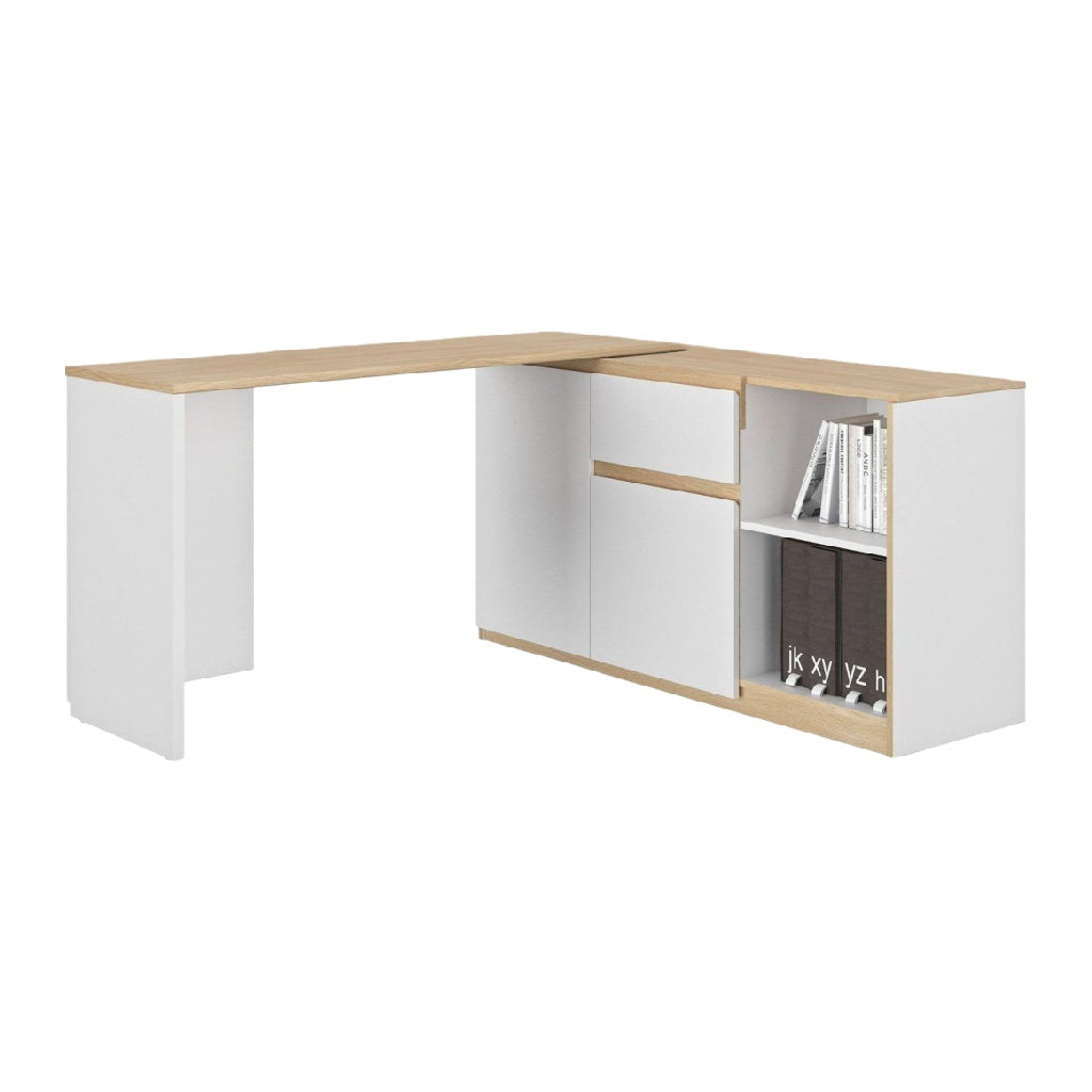 Escritorio de oficina en L con armario y estante integrado, blanco y madera