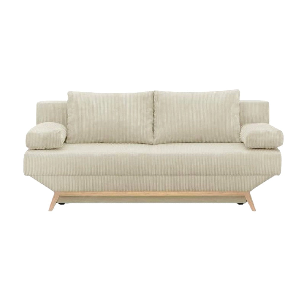 Sofá de 3 plazas de pana beige con base de madera