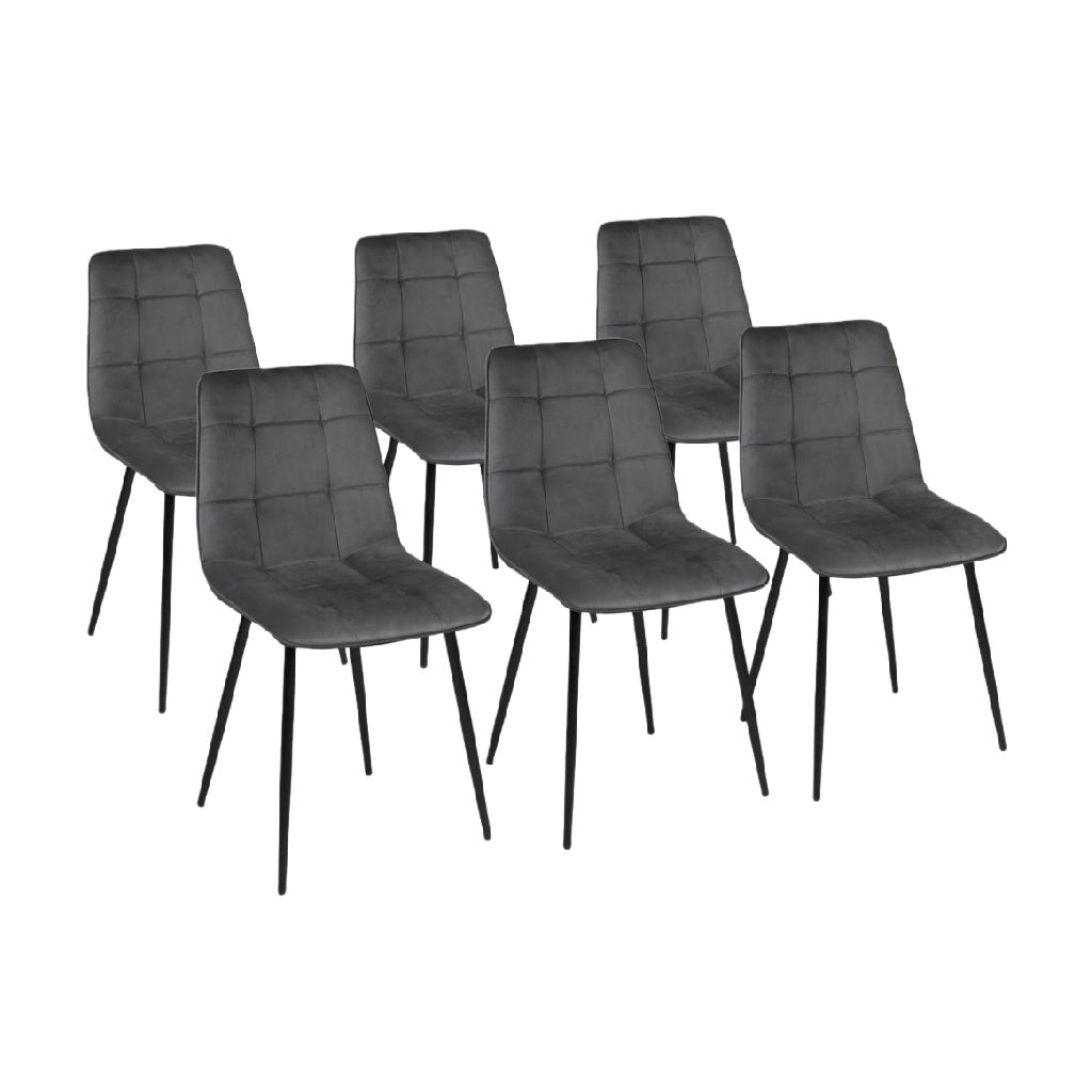 Juego de 6 sillas de comedor tapizadas con costuras y patas metálicas.