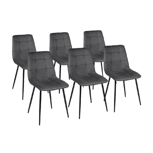 Juego de 6 sillas de comedor tapizadas con costuras y patas metálicas.