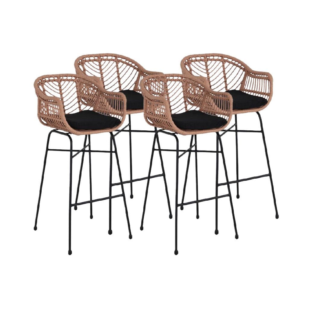 Juego de 4 Taburetes de Bar de Ratán Sintético con Cojín Negro y Estructura Metálica