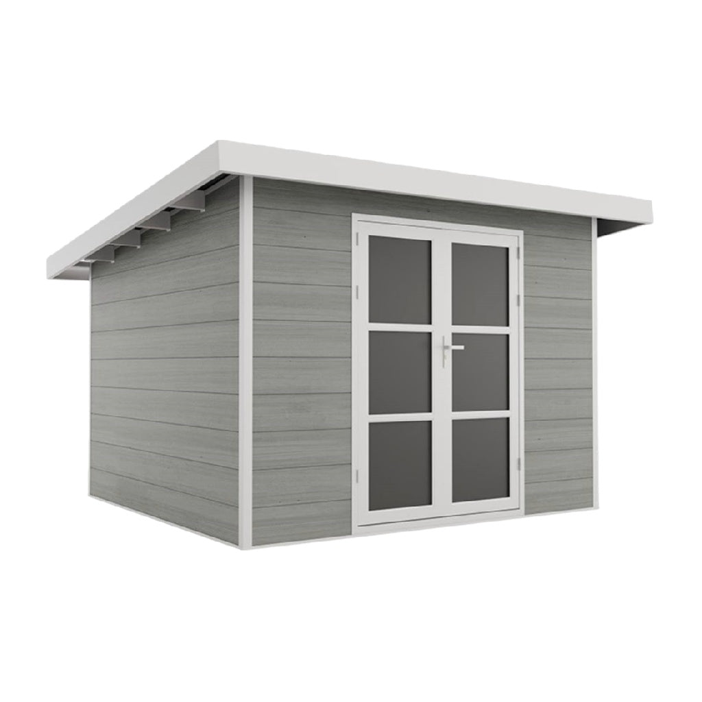 caseta de jardín de madera con techo plano y puertas dobles acristaladas