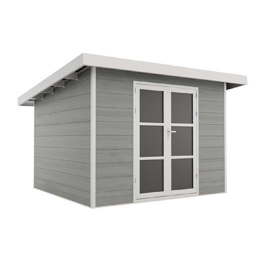 caseta de jardín de madera con techo plano y puertas dobles acristaladas