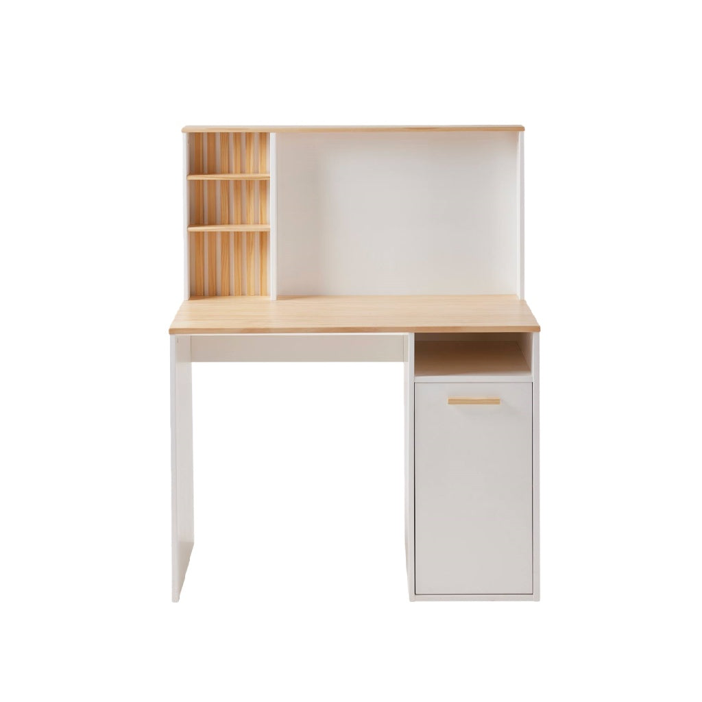 Escritorio de oficina con estante superior y armario lateral, blanco y madera